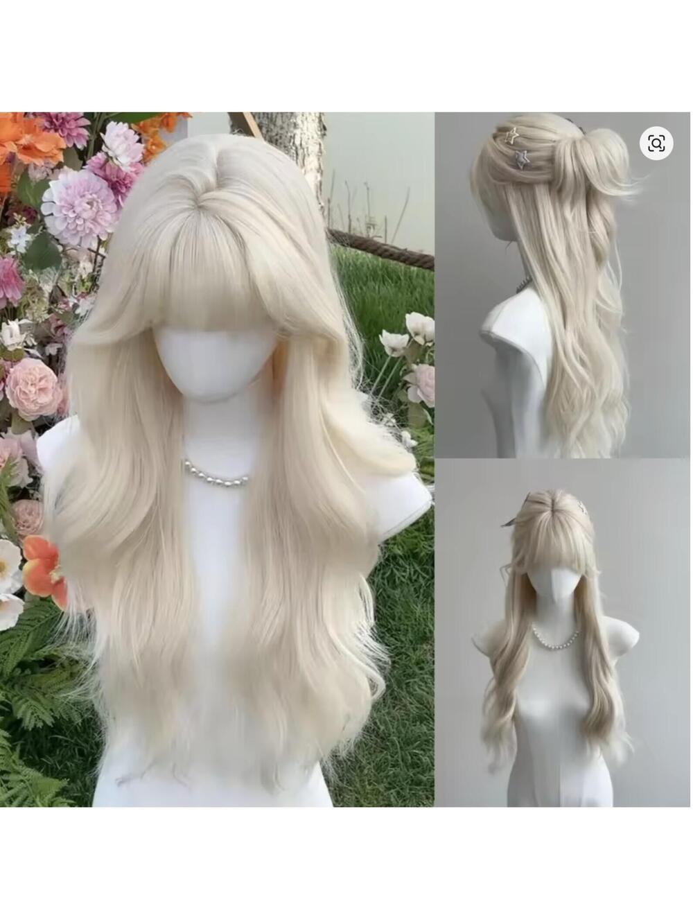 White Blonde 24" Wavy Long Wig Y2K Extra Long Wig Natural Wavy Women Bangs 8409